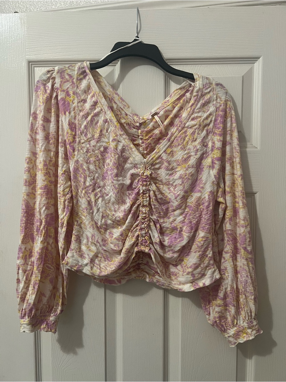 Free People Pink and Yellow Ruched V-Neck Blouse